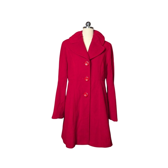 Jessica Simpson Vibrant Red Pea Coat Warm Cozy Button Bell Sleeves Like New - Picture 9 of 13